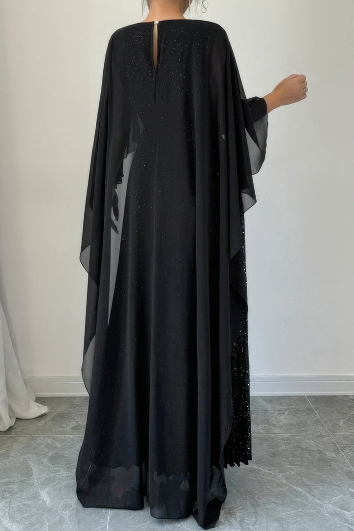 Black Elegant Sequin Satin Pleated Long Maxi Dress - Women&