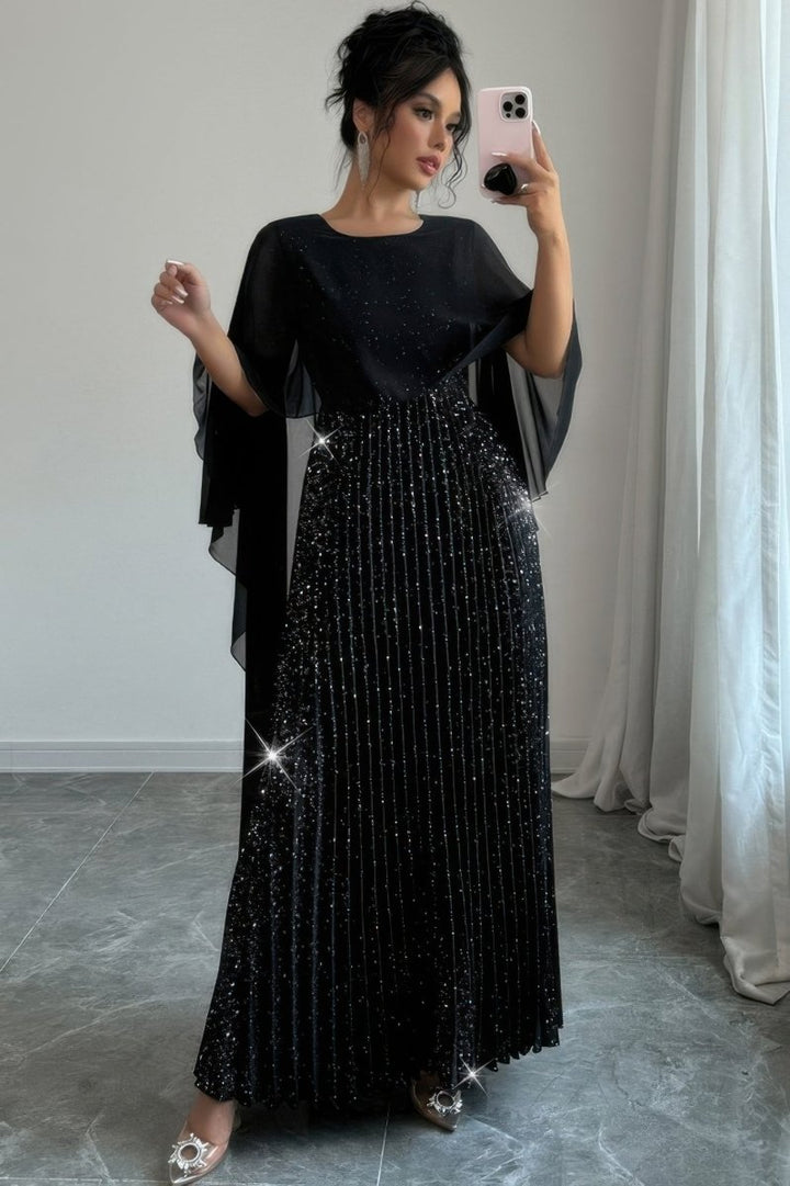 Black Elegant Sequin Satin Pleated Long Maxi Dress - Women&