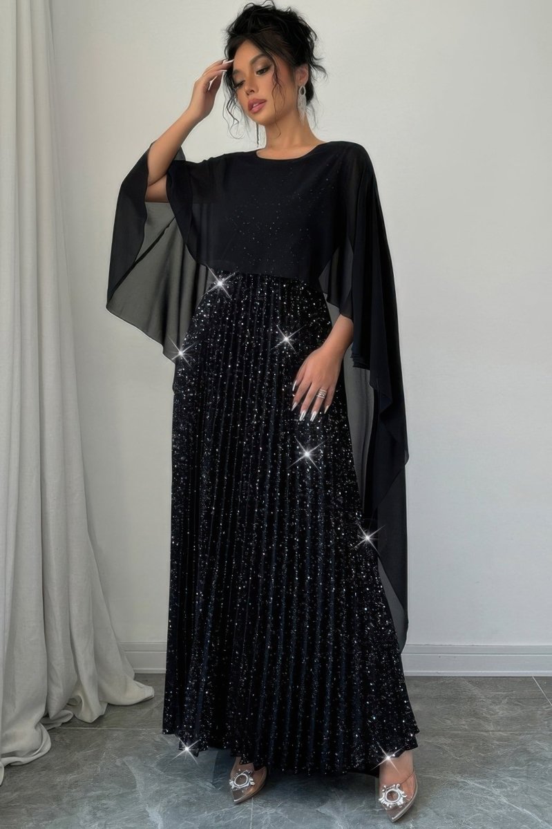 Black Elegant Sequin Satin Pleated Long Maxi Dress - Women&