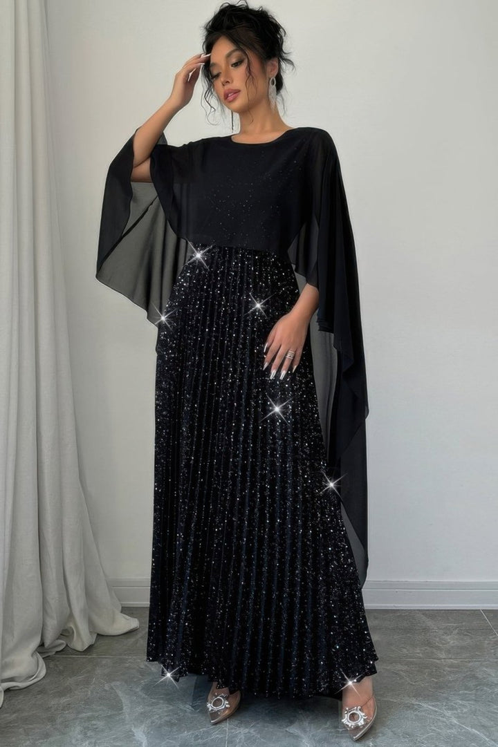 Black Elegant Sequin Satin Pleated Long Maxi Dress - Women&