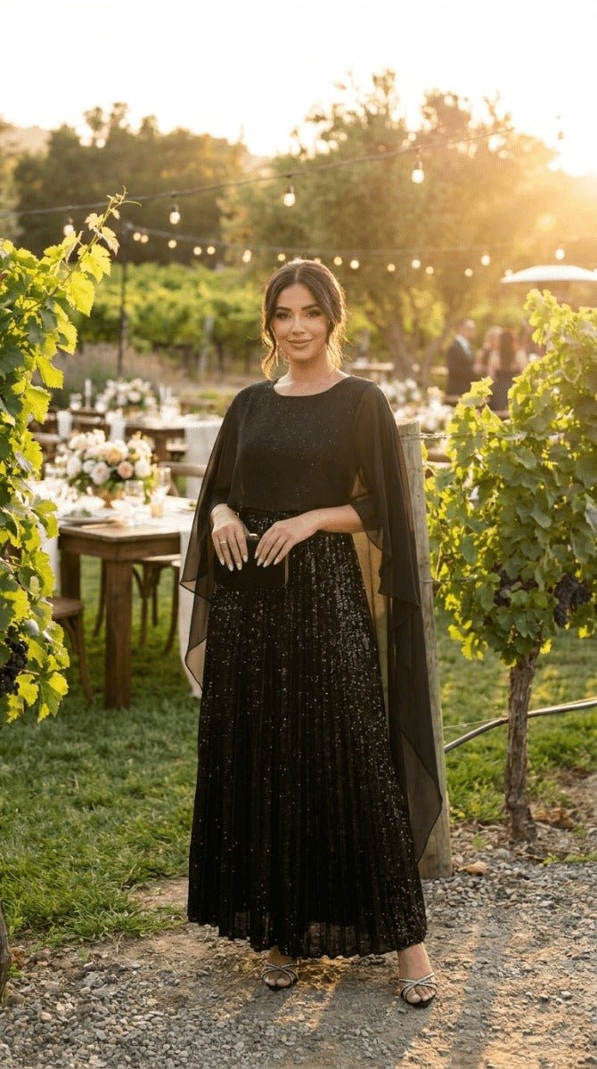 Black Elegant Sequin Satin Pleated Long Maxi Dress - Women's Formal Evening Gala Wedding Guest Dress - AMVIM