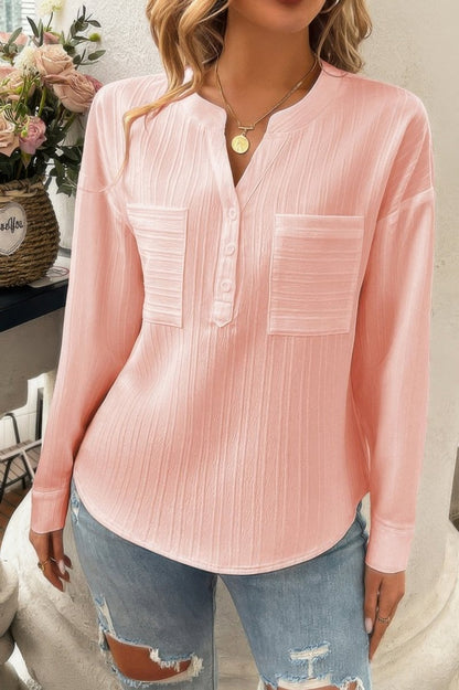 Blouse Drop Shoulder V - Neck Button Lightweight Daily Top - AMVIM