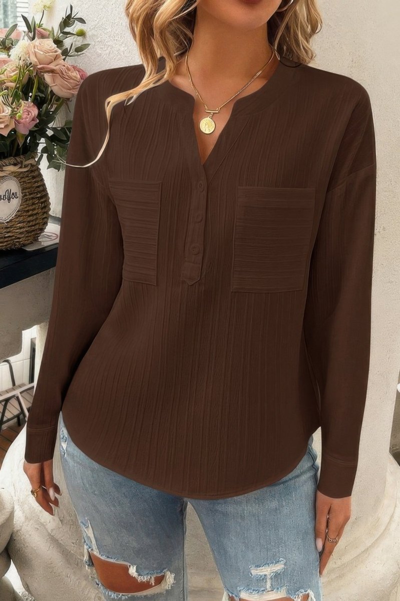 Blouse Drop Shoulder V - Neck Button Lightweight Daily Top - AMVIM