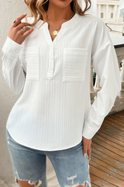 Blouse Drop Shoulder V - Neck Button Lightweight Daily Top - AMVIM