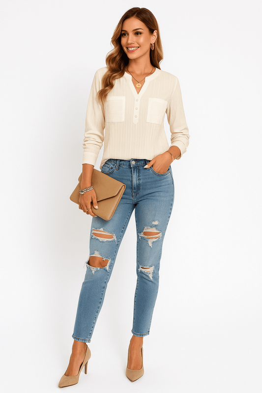 Blouse Drop Shoulder V - Neck Button Lightweight Daily Top - AMVIM