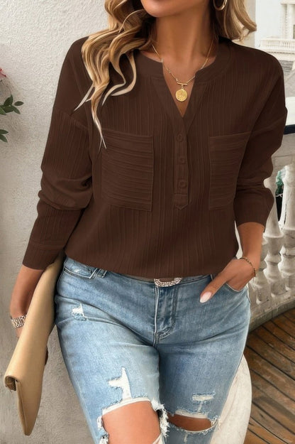 Blouse Drop Shoulder V - Neck Button Lightweight Daily Top - AMVIM