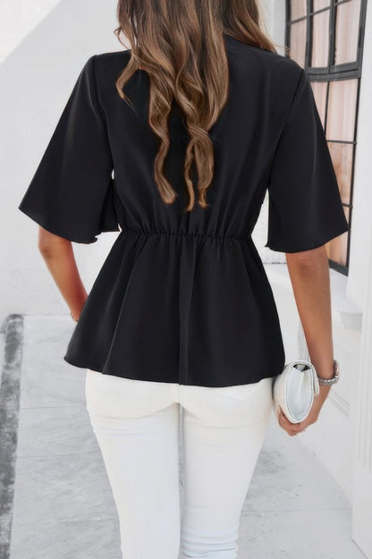 Blouse V - Neck Peplum Tie Front Short Bell Sleeve Shirt - AMVIM