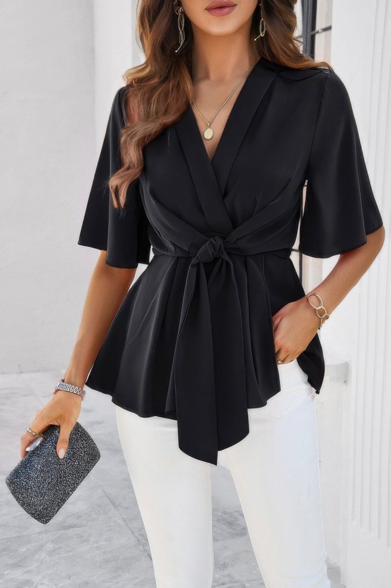 Blouse V - Neck Peplum Tie Front Short Bell Sleeve Shirt - AMVIM