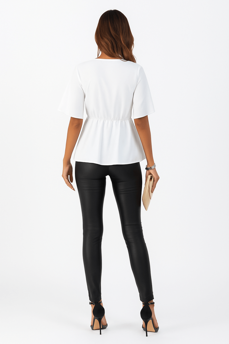 Blouse V - Neck Peplum Tie Front Short Bell Sleeve Shirt - AMVIM