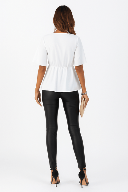 Blouse V - Neck Peplum Tie Front Short Bell Sleeve Shirt - AMVIM