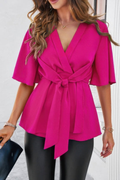 Blouse V - Neck Peplum Tie Front Short Bell Sleeve Shirt - AMVIM