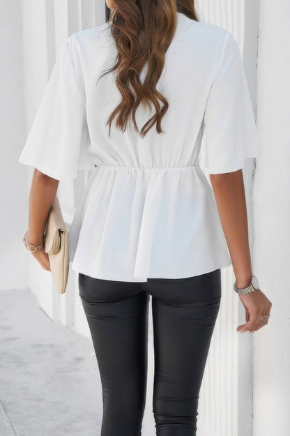 Blouse V - Neck Peplum Tie Front Short Bell Sleeve Shirt - AMVIM