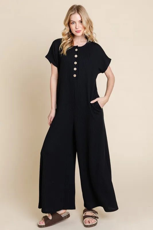 BOMBOM Rib Knit Jumpsuit with Button Detail - AMVIM