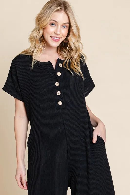 BOMBOM Rib Knit Jumpsuit with Button Detail - AMVIM