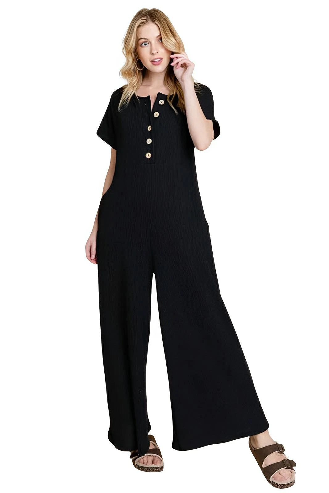 BOMBOM Rib Knit Jumpsuit with Button Detail - AMVIM