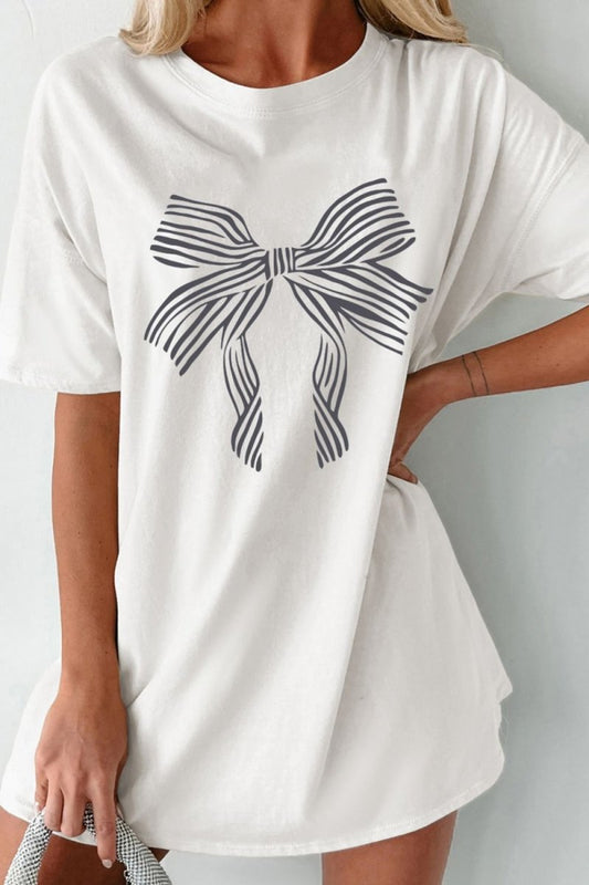 Bow Graphic Round Neck Short Sleeve T - Shirt - AMVIM