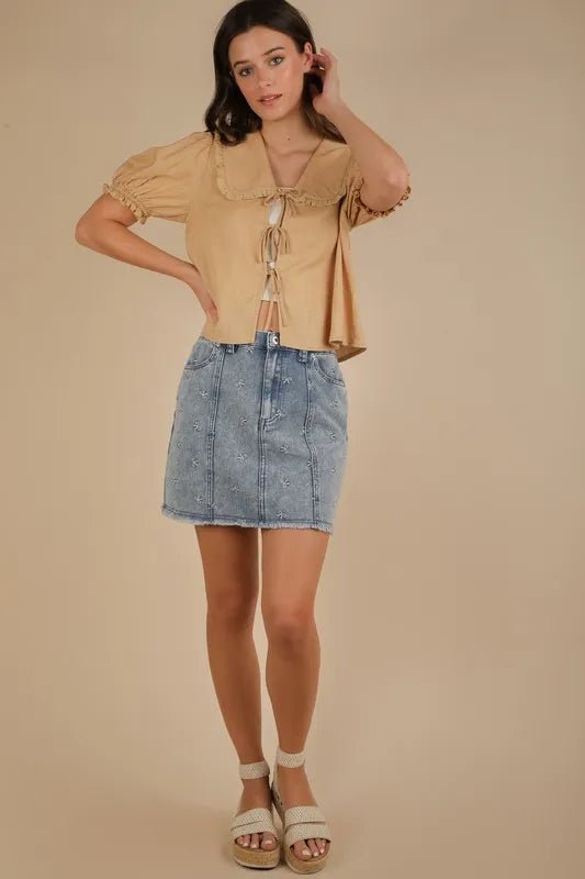 Bow Print Casual Denim Mini Skirt – Embroidered Raw Hem Style - AMVIM