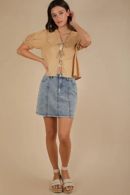 Bow Print Casual Denim Mini Skirt – Embroidered Raw Hem Style - AMVIM