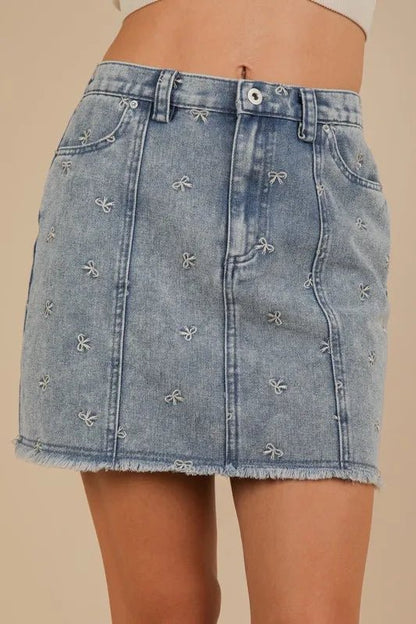 Bow Print Casual Denim Mini Skirt – Embroidered Raw Hem Style - AMVIM