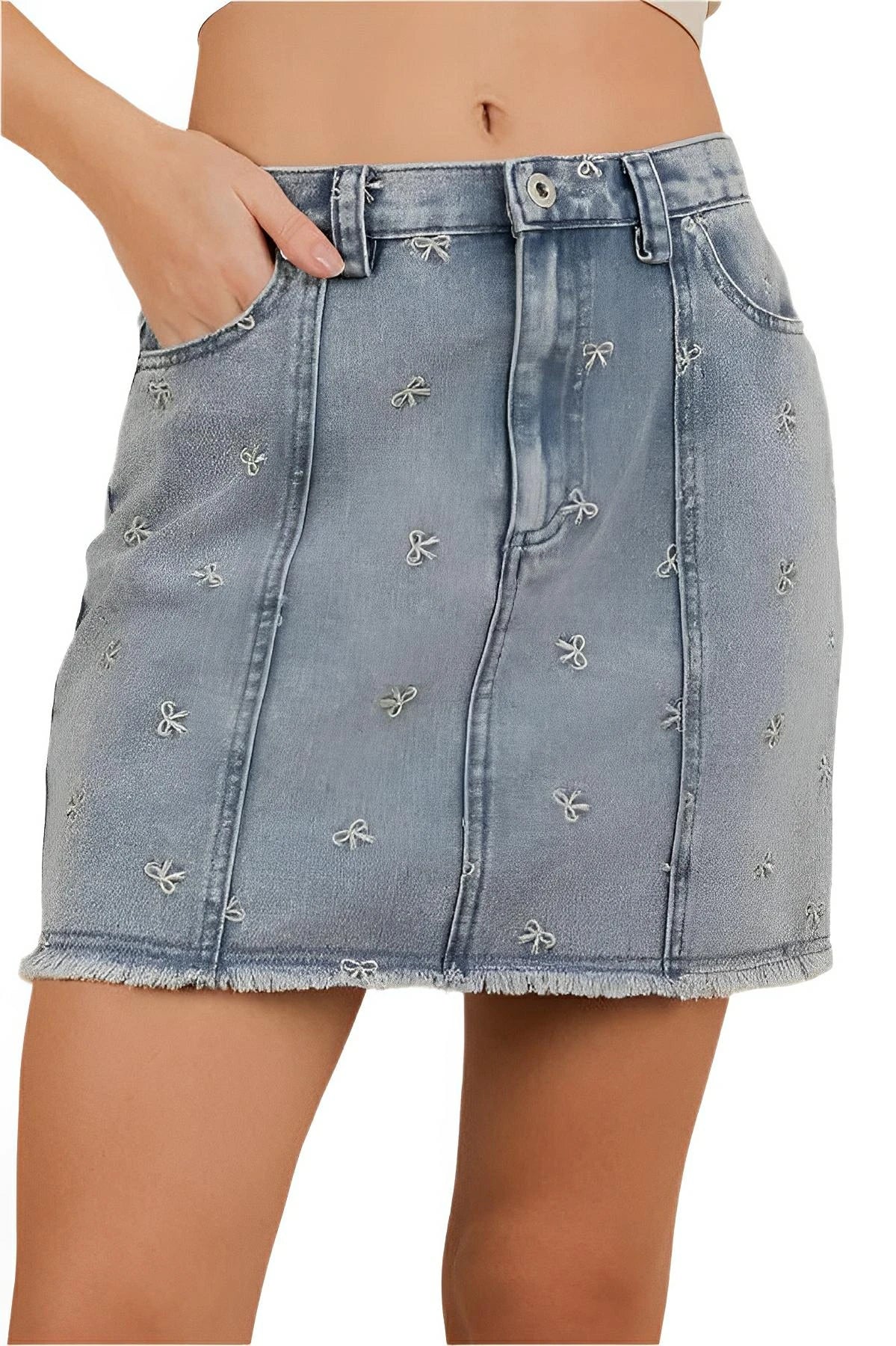 Bow Print Casual Denim Mini Skirt – Embroidered Raw Hem Style - AMVIM