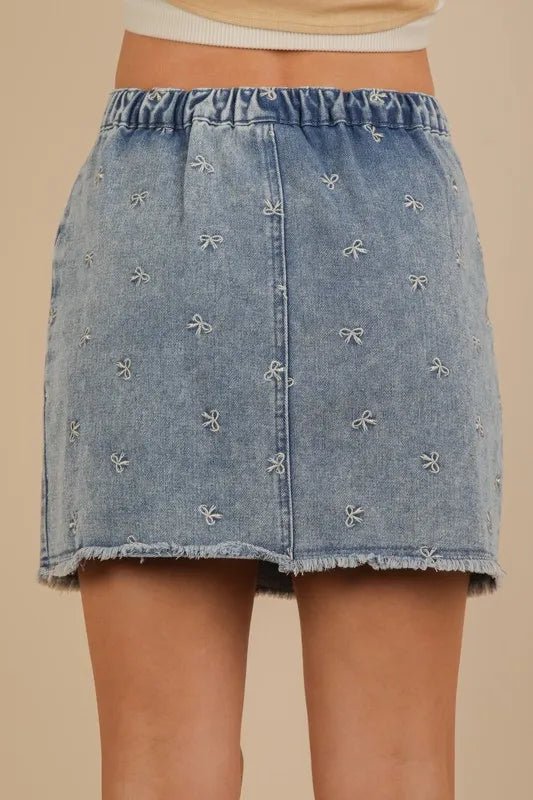 Bow Print Casual Denim Mini Skirt – Embroidered Raw Hem Style - AMVIM