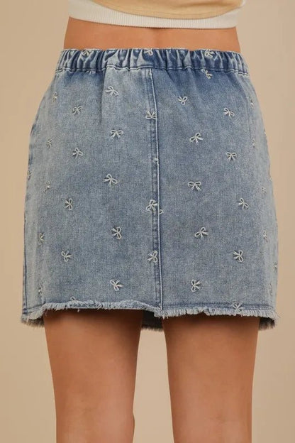Bow Print Casual Denim Mini Skirt – Embroidered Raw Hem Style - AMVIM