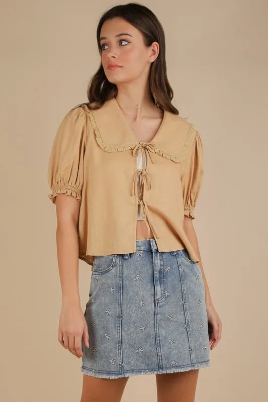 Bow Print Casual Denim Mini Skirt – Embroidered Raw Hem Style - AMVIM