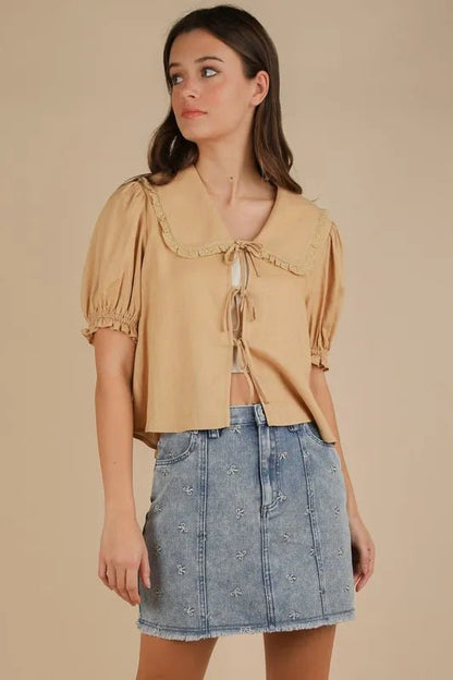 Bow Print Casual Denim Mini Skirt – Embroidered Raw Hem Style - AMVIM