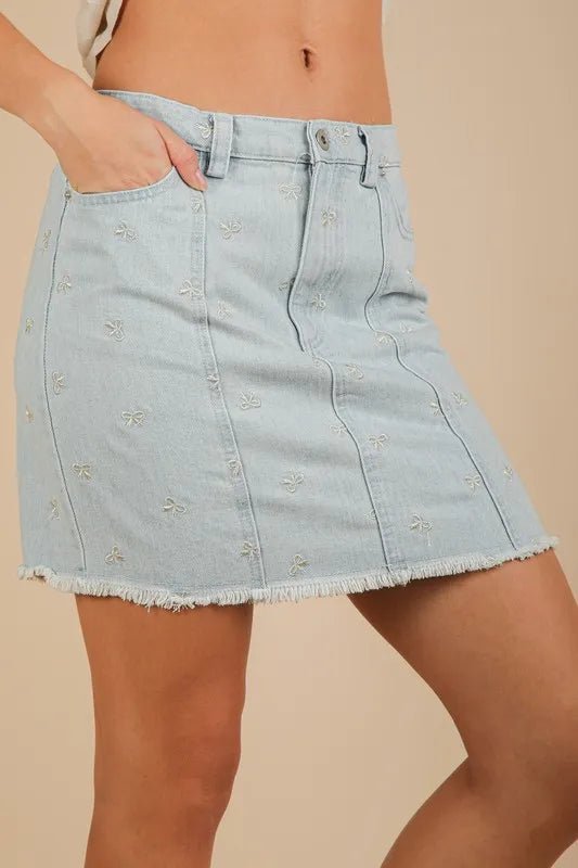 Bow Printed Casual Denim Mini Skirt With Embroidered Detail - AMVIM