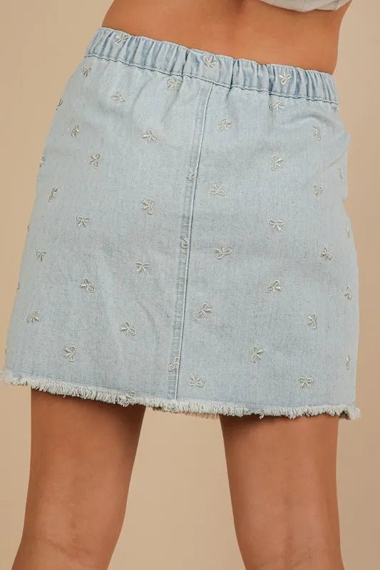 Bow Printed Casual Denim Mini Skirt With Embroidered Detail - AMVIM