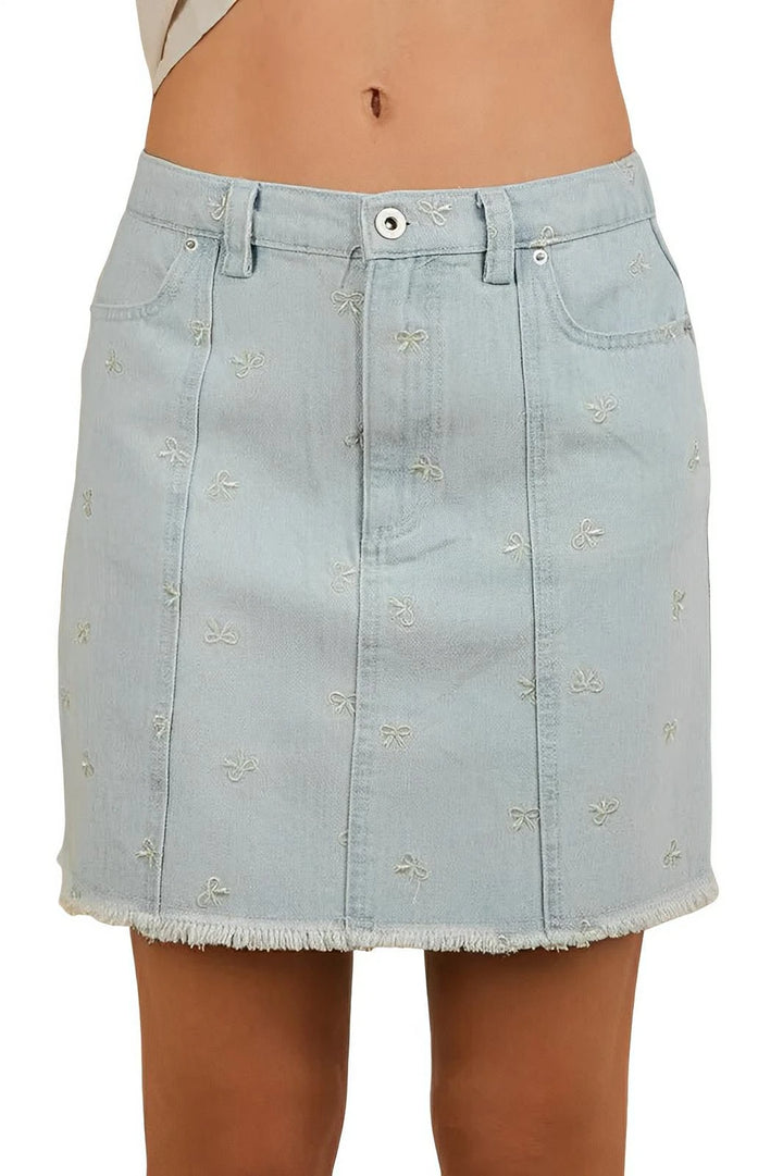 Bow Printed Casual Denim Mini Skirt With Embroidered Detail - AMVIM