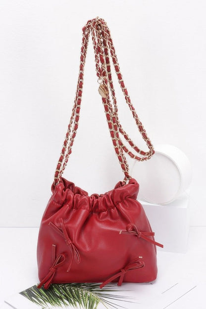 Bucket Crossbody Bag Faux Leather Ribbon Chain - AMVIM