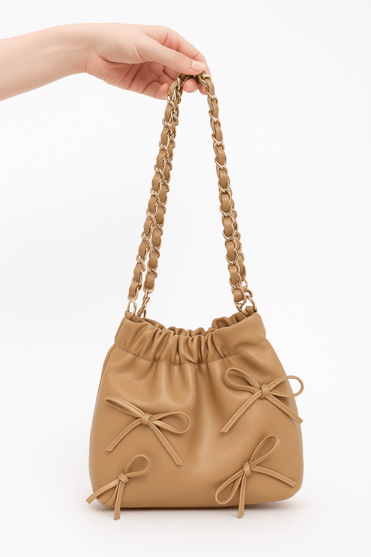Bucket Crossbody Bag Faux Leather Ribbon Chain - AMVIM