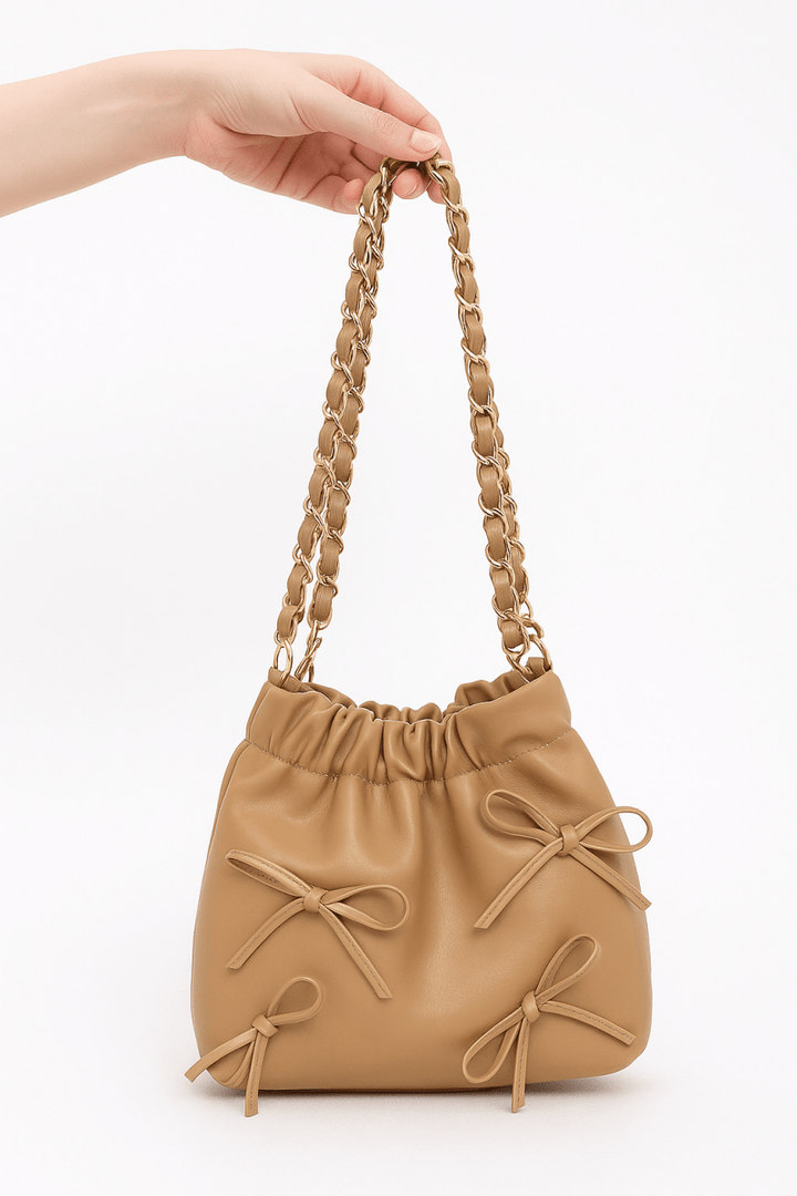 Bucket Crossbody Bag Faux Leather Ribbon Chain - AMVIM