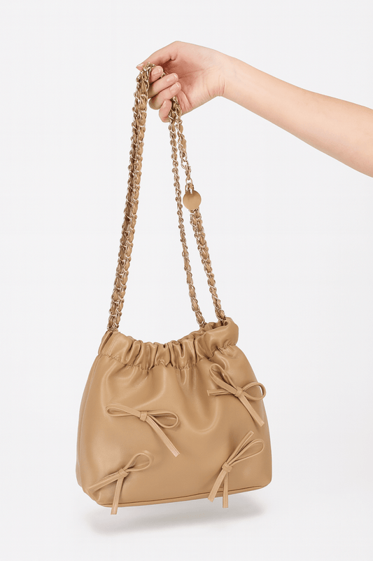 Bucket Crossbody Bag Faux Leather Ribbon Chain - AMVIM