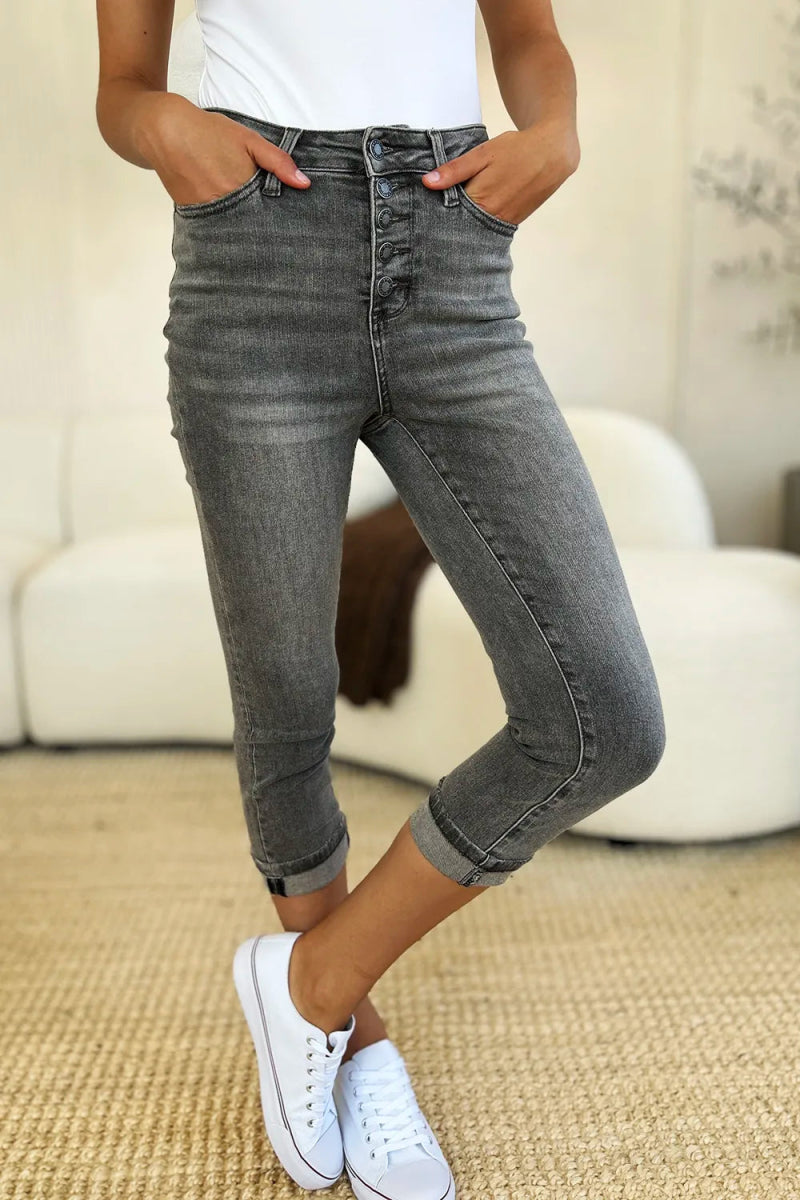 Button Fly High Waist Capri Jeans for Casual Comfort - AMVIM