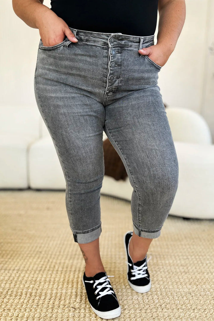 Button Fly High Waist Capri Jeans for Casual Comfort - AMVIM