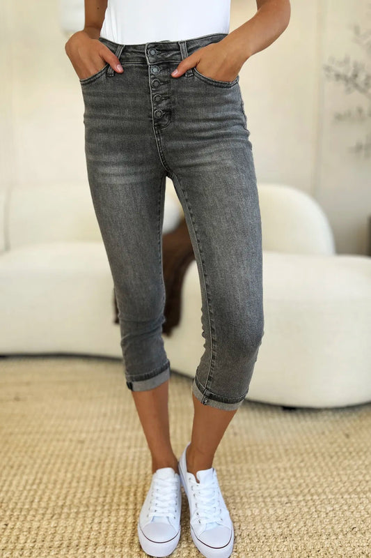 Button Fly High Waist Capri Jeans for Casual Comfort - AMVIM