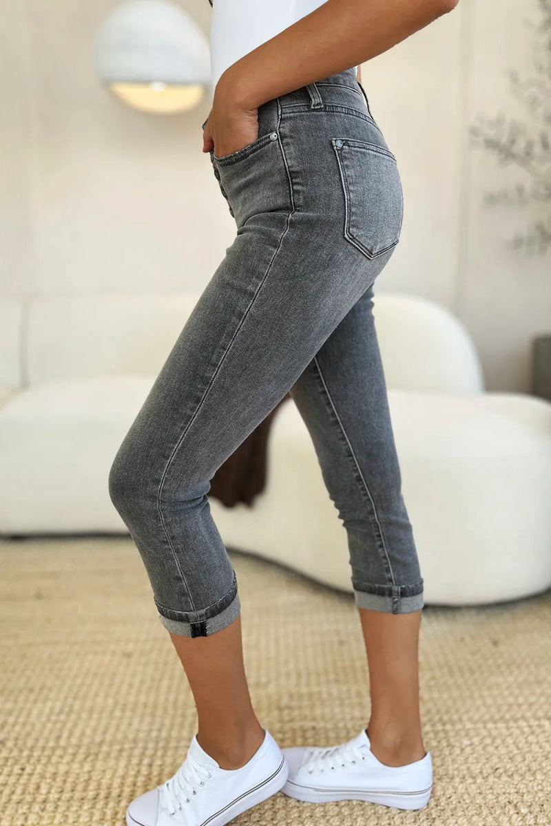 Button Fly High Waist Capri Jeans for Casual Comfort - AMVIM