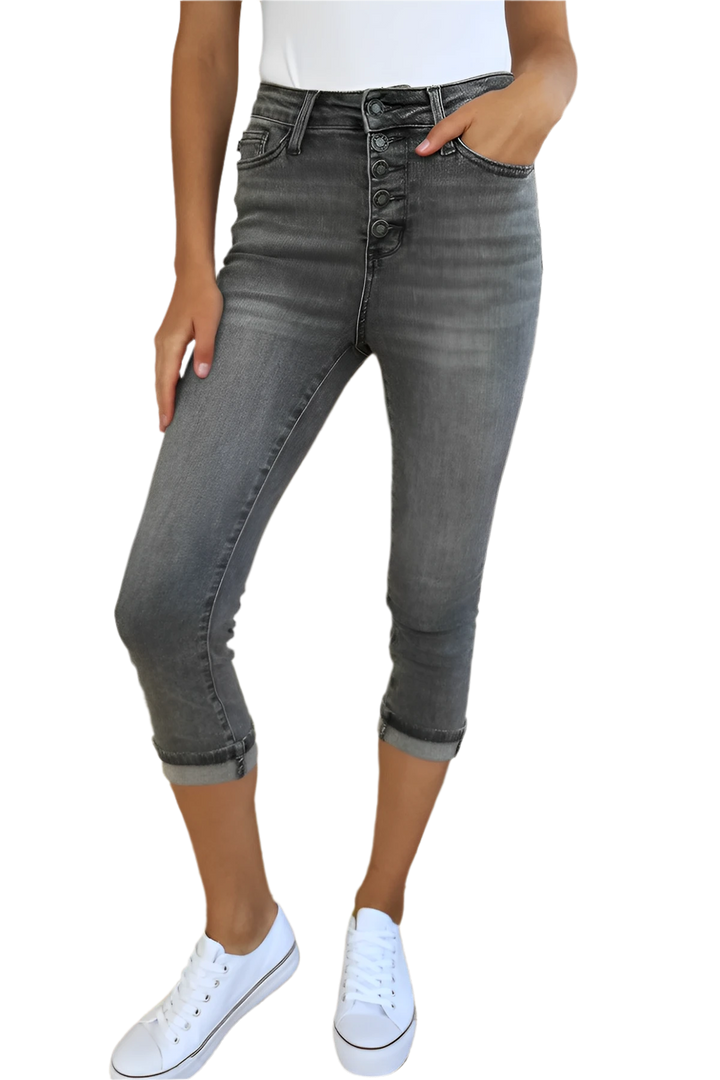 Button Fly High Waist Capri Jeans for Casual Comfort - AMVIM