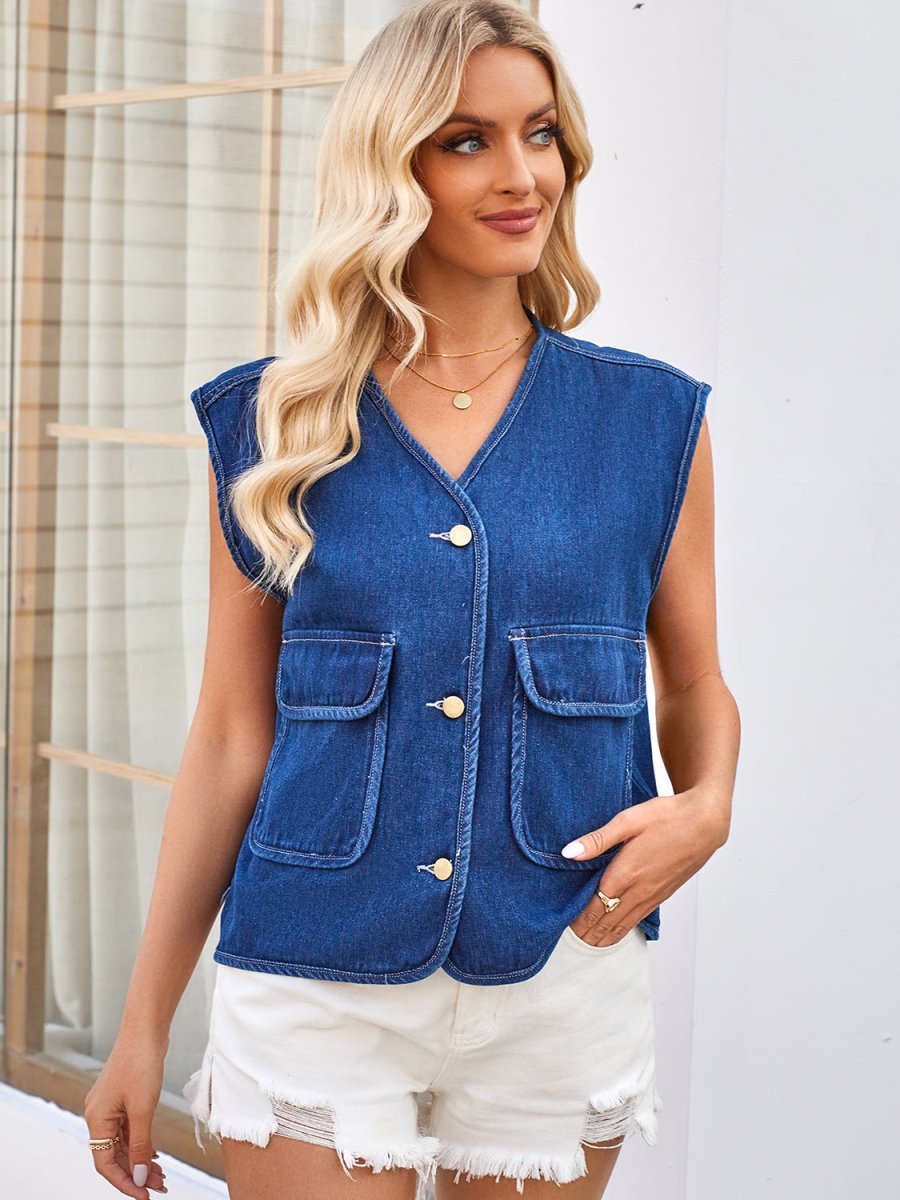 Button Up V-Neck Denim Vest - AMVIM