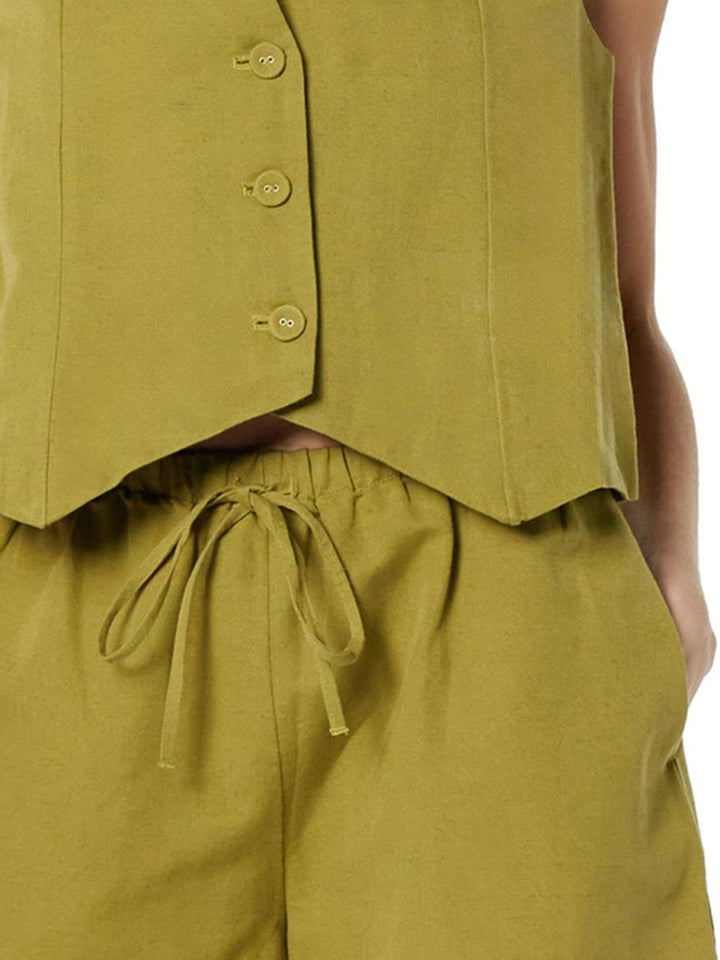 Button Up V - Neck Top and Pocketed Shorts Set - AMVIM