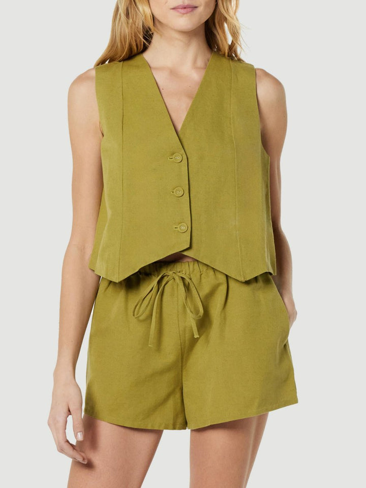Button Up V - Neck Top and Pocketed Shorts Set - AMVIM