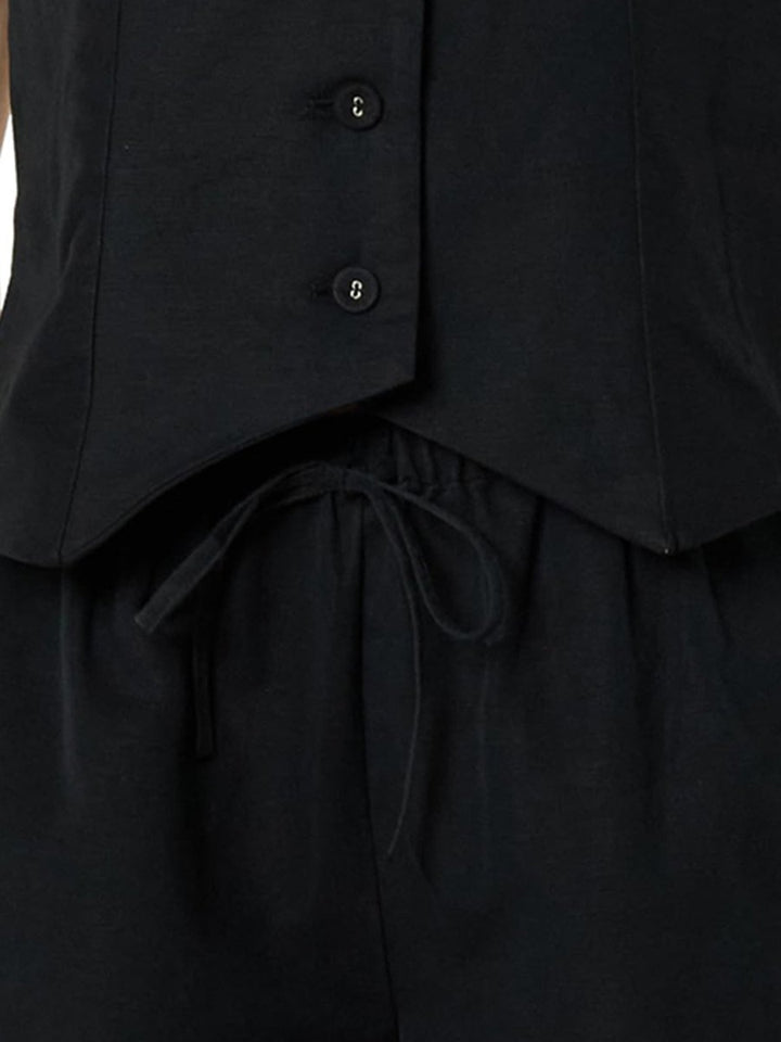 Button Up V - Neck Top and Pocketed Shorts Set - AMVIM