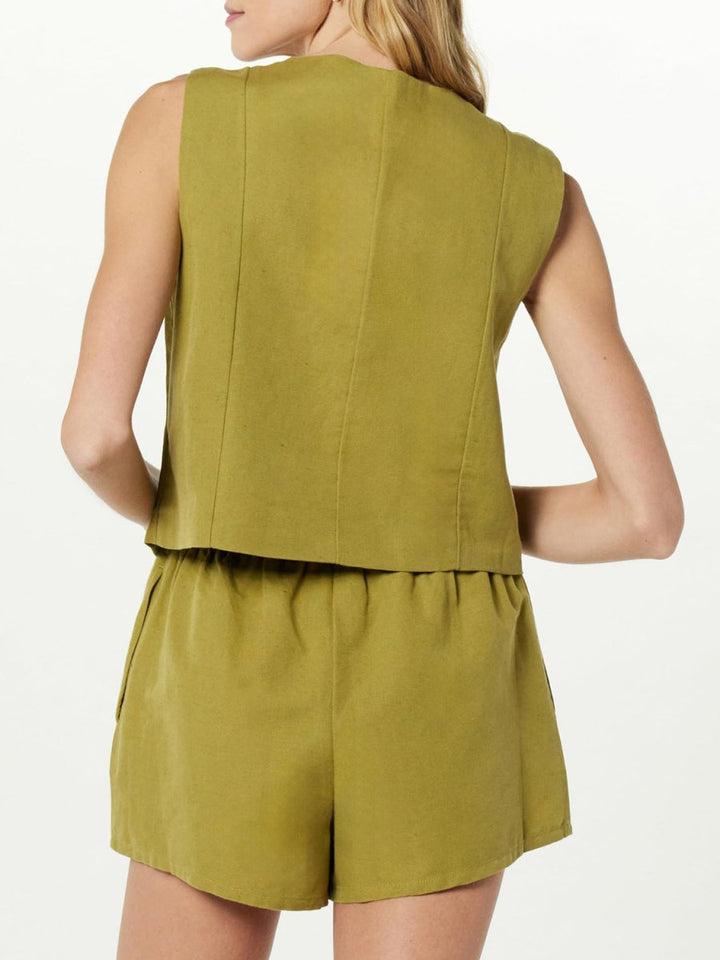Button Up V - Neck Top and Pocketed Shorts Set - AMVIM