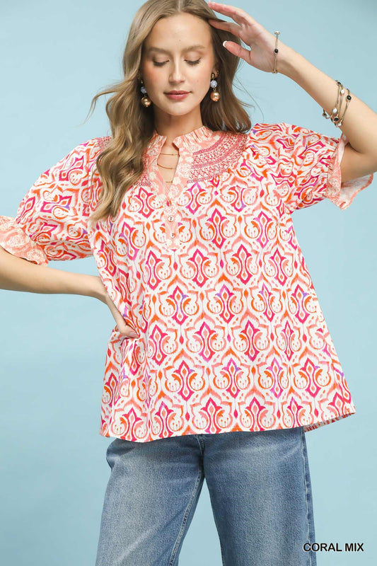 AMVIM - Women's Boho Puff Sleeve Smocked Blouse with Contrast Trim