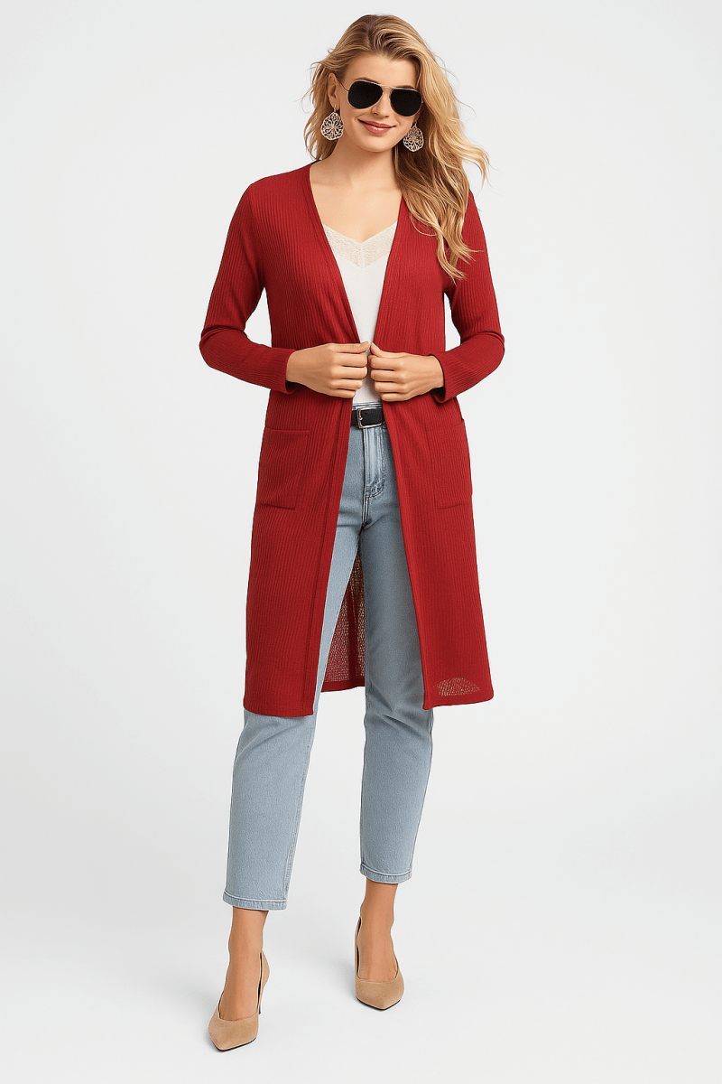 Cardigan long ribbed knit open front with pockets USA - made - AMVIM
