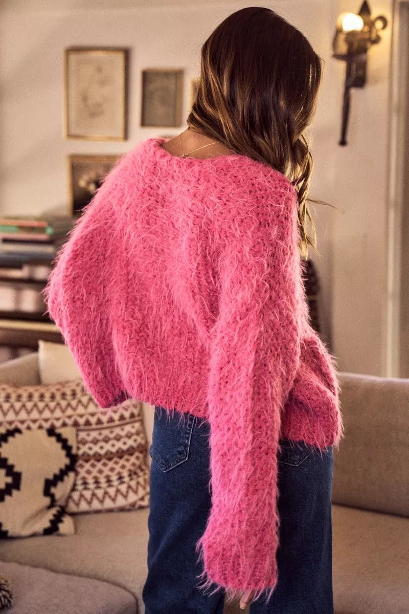 Cardigan Sweater Pink Hairy Loose Fit Soft Touch Knit - AMVIM