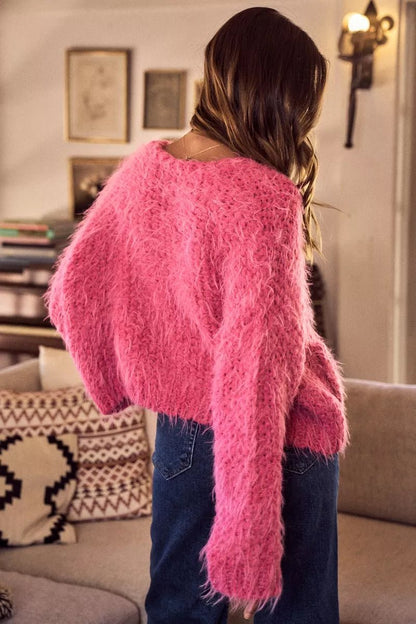 Cardigan Sweater Pink Hairy Loose Fit Soft Touch Knit - AMVIM