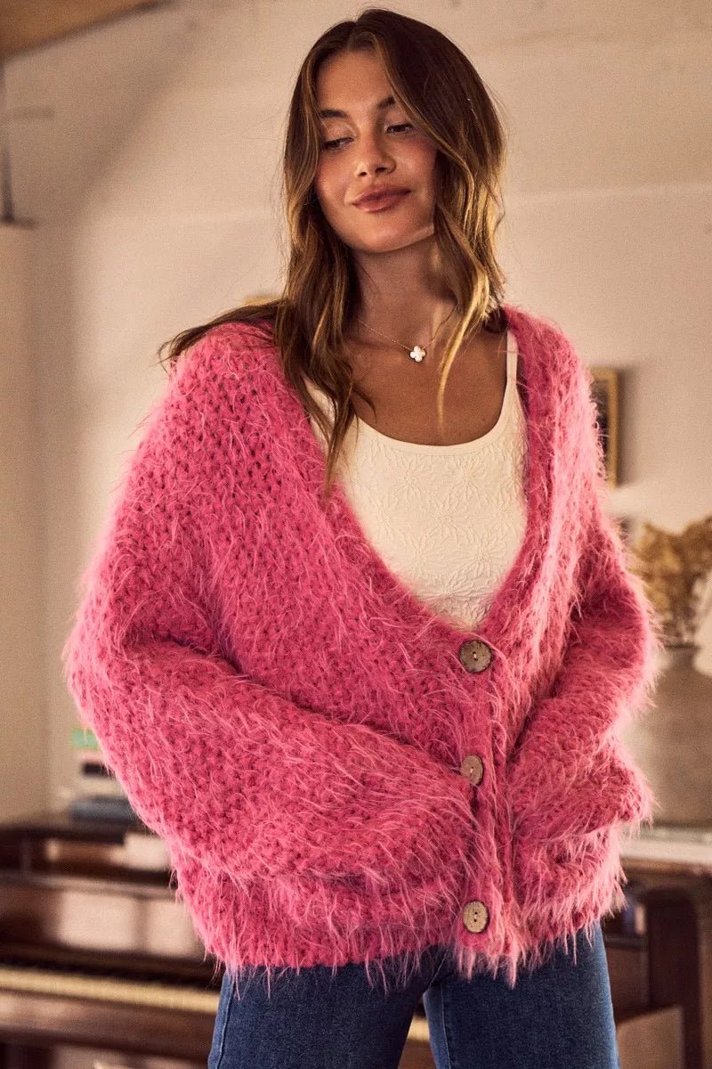 Cardigan Sweater Pink Hairy Loose Fit Soft Touch Knit - AMVIM